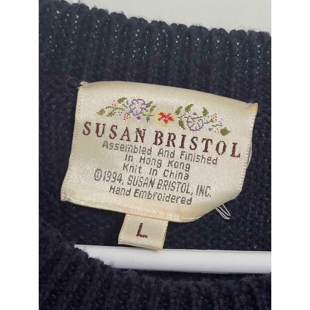 VTG 90s Susan Bristol Navy Santa's Workshop Embroidered Ugly Christmas Sweater L - Picture 3 of 8